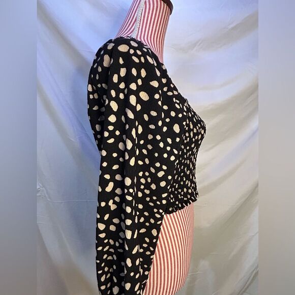 Black Polka Dot Top Retro Smocked Cropped Coquette Whimsigoth Mi Ami Size Large - Picture 6 of 11